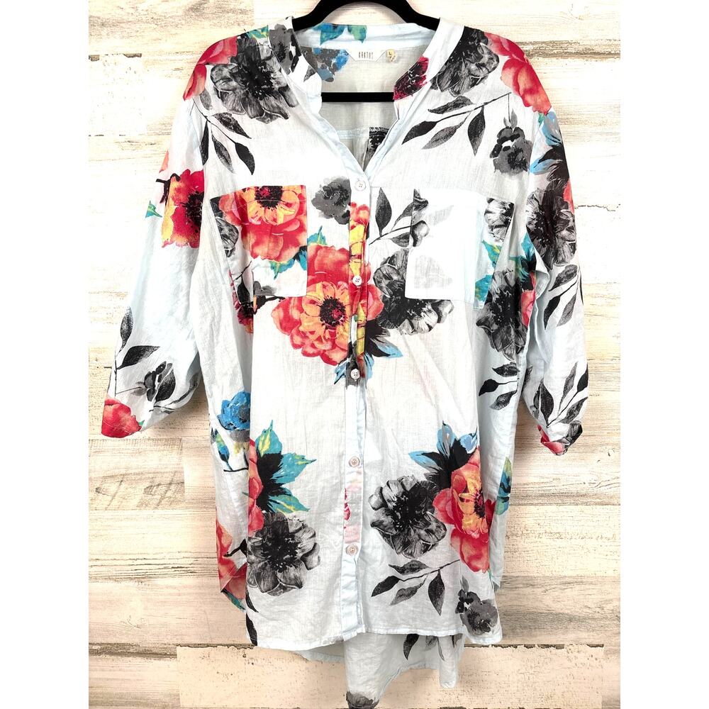 Kaktus Womens L Blue Multi Floral Button Up Blouse Lightweight Boho
